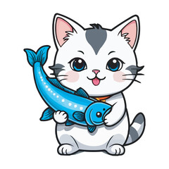 Cute Cat Hanging On Fish Cartoon Vector Icon Illustration Animal Food Icon Concept Isolated Flat. Cute cat holding fish cartoon illustration. A cute cat with a fish