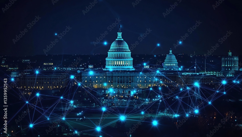 Fototapete digital network grid with blue dots connecting to the u.s. capitol building at night,