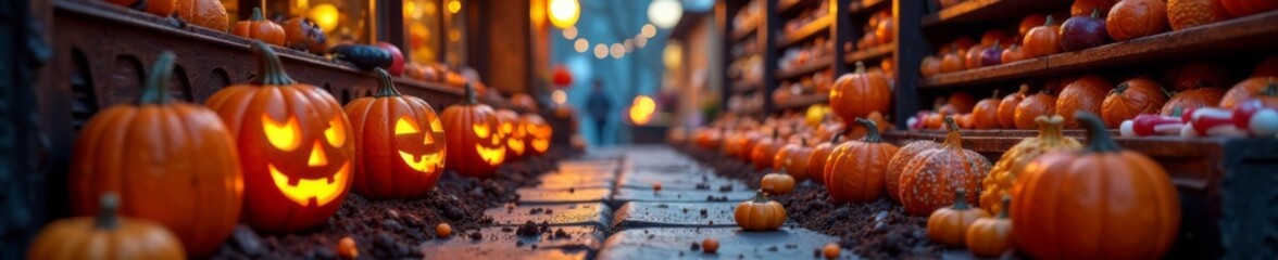 Obraz premium Spooky sweets and jack-o-lanterns fill a brightly lit candy store, sweets, decoration