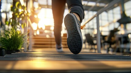 Naklejka premium Close-up view of a person's feet running up a staircase in a modern sunlit office environment emphasizing movement energy and corporate lifestyle dynamics.