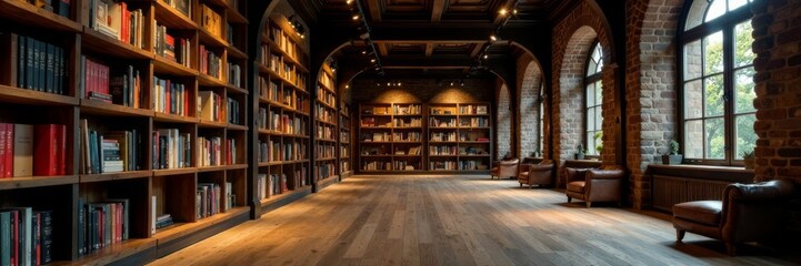 Dark wood shelves stretch towards the ceiling, cozy, library