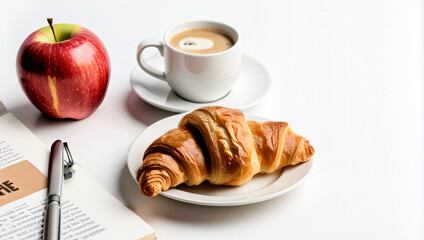 Petit déjeuné français, café croissant et pomme