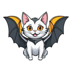 Cute Chibi White Bat with Wings and Big Eyes Adorable Cartoon Illustration. Adorable White Bat Cat Hybrid with Blue Wings Cute Cartoon Illustration on white background