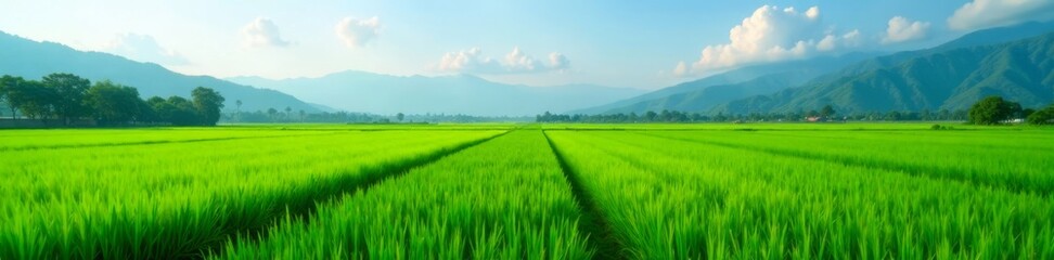 Obraz premium Expansive emerald green paddy fields as far as the eye can see, agriculture views, green fields