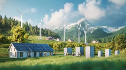 Sustainable energy development featuring solar panels and wind turbines in a mountainous landscape