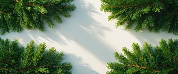 Naklejka premium Top perspective of green fir tree branch with needles set against a white background.