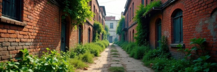 Fototapeta premium Weathered urban alleyway with crumbling brick walls and overgrown vegetation, darkness, decay