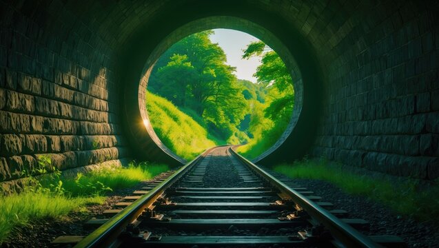 Tunnel opening on railway branch line in green natural scenery. Symmetrical view from darkness into the bright light at the end of the brick wall tunnel.