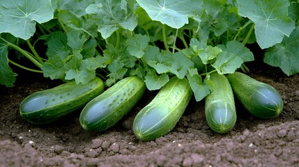 Obraz premium Fresh Green Cucumbers Growing in Garden Soil