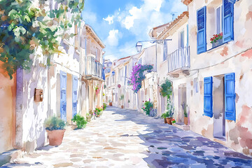 Obraz premium Charming Coastal Street: An inviting, sun-drenched streetscape featuring quaint buildings, lush greenery, and blue accents, transporting viewers to a picturesque Mediterranean town. 