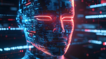 A futuristic AI processor chip with glowing neon lights and floating digital data streams