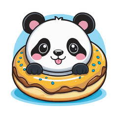 Cute Panda with Donut Vector Illustration cartoon cute panda vector design climbing and hugging a big donut. Kawaii Panda in Donut Vector Illustration, Cute Animal Design on white background