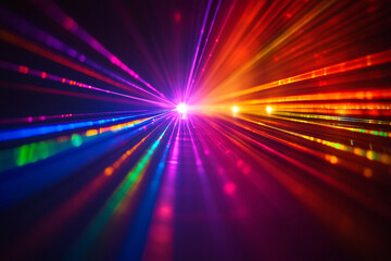 Obraz premium A bright display of colorful laser lights radiating outwards in a dark room with a central light source