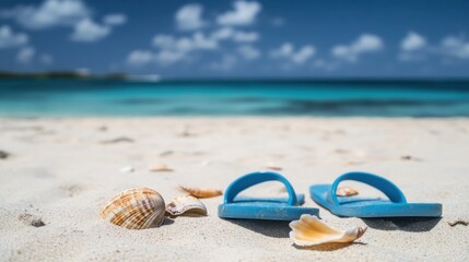 Relaxing day at the beach with blue flip flops and seashells on the sandy shore