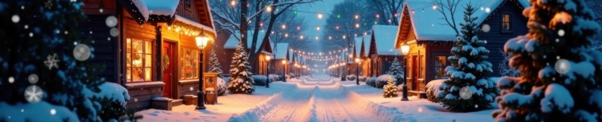 Winter snowfall on a snowy village street lined with Christmas decorations and twinkling lights, christmas lights, festive decor