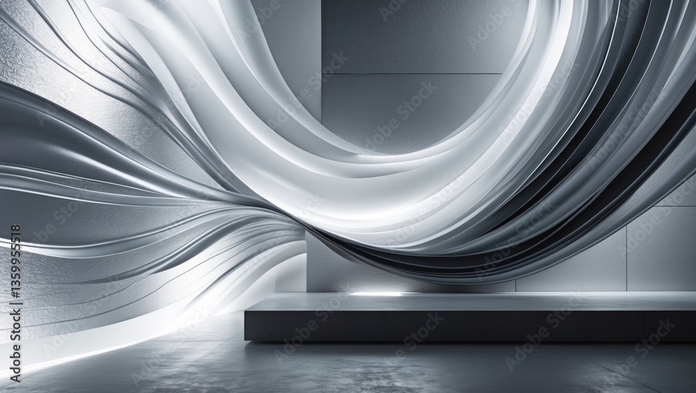 Poster abstract white and silver light patterns create a gray gradient with metal textures on the floor and