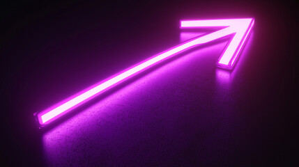 A glowing purple arrow pointing upwards on a reflective dark surface in a studio setting
