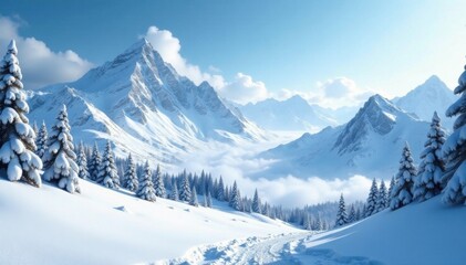 Winter wonderland landscape of snow-covered mountains and frozen tundra, winter scenery, frozen wilderness