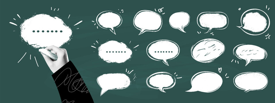 Chalk and charcoal speech bubble collage. Hand-drawn illustration with grunge textures, doodles, and comic-style dialogue. Abstract, text, and message icons with a school theme