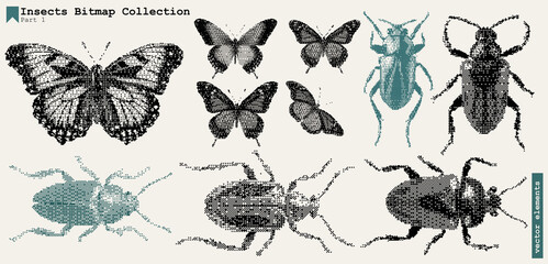 Butterfly Texture Vintage Insect Collage Art Grunge Halftone Retro Y2K Effect Bitmap Nature Graphic Set