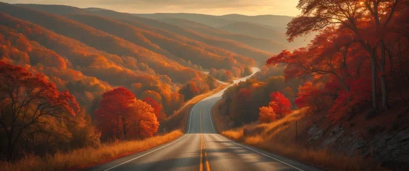  West Virginia rural landscape road in autumn, featuring a highway disappearing into the rolling hills of forest woods. © AkuAku