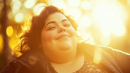 Fototapeta premium Joyful Portrait of a Woman Smiling in Backlit Nature During Golden Hour