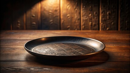 Obraz premium Intricately Carved Circular Tray Rests on Dark Wooden Surface Against a Background of Ornate Wooden Panels