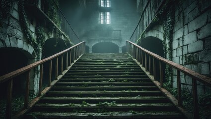 Obraz premium Access Stairs to the upper level in Abandoned Fortress Prison