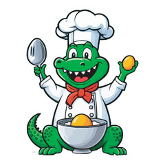 Cute Cartoon Chef Crocodile Holding Cupcake, Animal Chef Vector Illustration. A cartoon chef wearing a white apron and a green hat holding a spoon. Cute Chef Alligator, Cartoon Animal Chef on white bg
