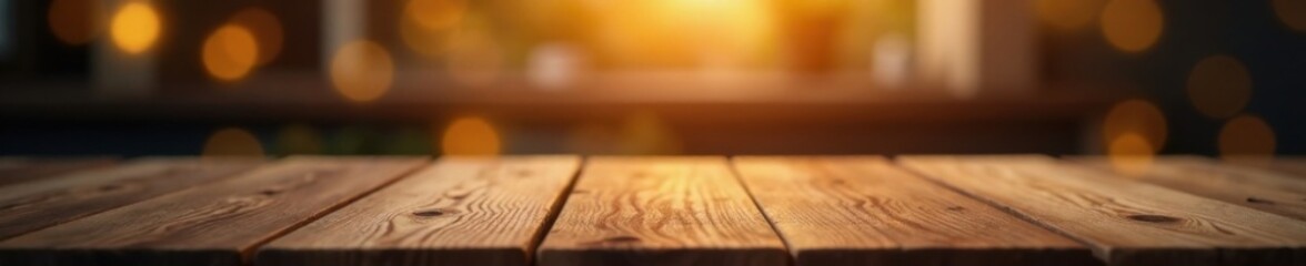 Wood table top with blurred light source on golden bokeh background in dark ambiance, background, restaurant
