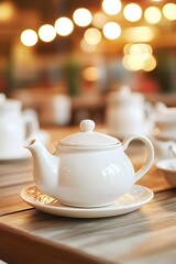 Fototapeta premium White Teapot on Wooden Table in Cafe Setting