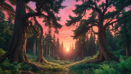 A historic coniferous forest at dusk on a late summer evening.