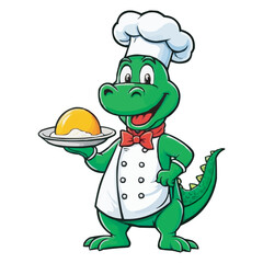 Cute Cartoon Chef Crocodile Holding Cupcake, Animal Chef Vector Illustration. A cartoon chef wearing a white apron and a green hat holding a spoon. Cute Chef Alligator, Cartoon Animal Chef on white bg