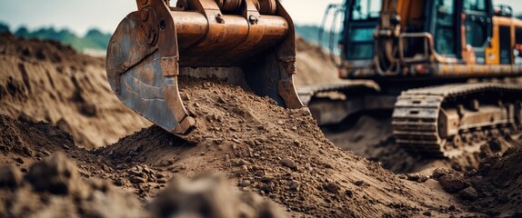 An excavator's metal bucket removes sand or clay while creating a trench.
