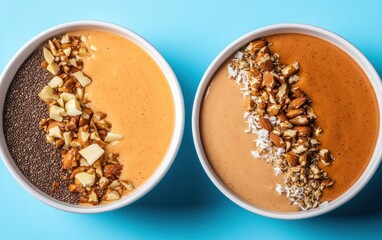 Two smoothie bowls with different toppings. One bowl has a peach smoothie with chia seeds, pecans, and white chocolate. The other bowl has a peanut butter smoothie with shredded coconut, pecans, and