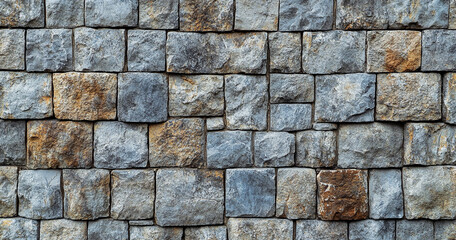 Fototapeta premium A close-up view of a stone wall made of variously shaped and colored stones, showcasing a rustic and textured appearance.