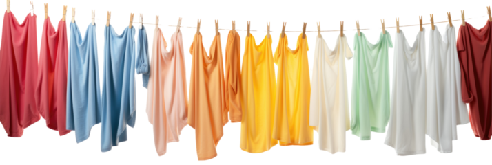  Colorful laundry hanging on a clothesline on transparent background