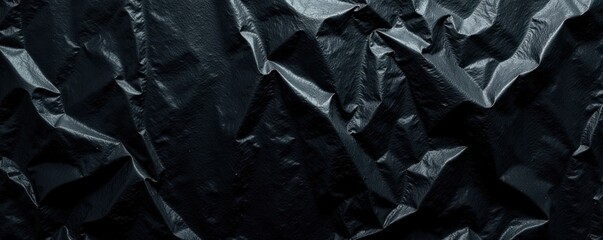 Wrinkled plastic wrap texture on a black background, resembling aged vinyl, torn, plastic wrap texture