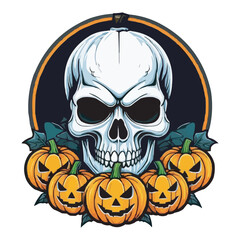 Spooky Skull with Glowing Eyes and Pumpkins Haunted Halloween Artwork. Haunted Skeleton with Pumpkins and Dark Mansion Spooky Horror Illustration halloween pumpkin with skull on white background