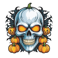 Spooky Skull with Glowing Eyes and Pumpkins Haunted Halloween Artwork. Haunted Skeleton with Pumpkins and Dark Mansion Spooky Horror Illustration halloween pumpkin with skull on white background