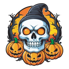Spooky Skull with Glowing Eyes and Pumpkins Haunted Halloween Artwork. Haunted Skeleton with Pumpkins and Dark Mansion Spooky Horror Illustration halloween pumpkin with skull on white background