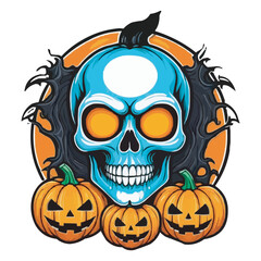 Spooky Skull with Glowing Eyes and Pumpkins Haunted Halloween Artwork. Haunted Skeleton with Pumpkins and Dark Mansion Spooky Horror Illustration halloween pumpkin with skull on white background