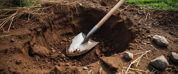 An area of land excavated manually with a shovel, featuring large soil clumps. Digging soil, farming, unearthing hidden treasures, burial, grave digging.