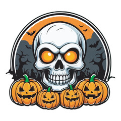 Spooky Skull with Glowing Eyes and Pumpkins Haunted Halloween Artwork. Haunted Skeleton with Pumpkins and Dark Mansion Spooky Horror Illustration halloween pumpkin with skull on white background