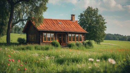 Obraz premium Wooden house in a field, buying or leasing a home in nature, the sector, renting a vacation property, and text area for copy.