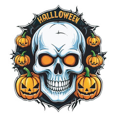 Spooky Skull with Glowing Eyes and Pumpkins Haunted Halloween Artwork. Haunted Skeleton with Pumpkins and Dark Mansion Spooky Horror Illustration halloween pumpkin with skull on white background