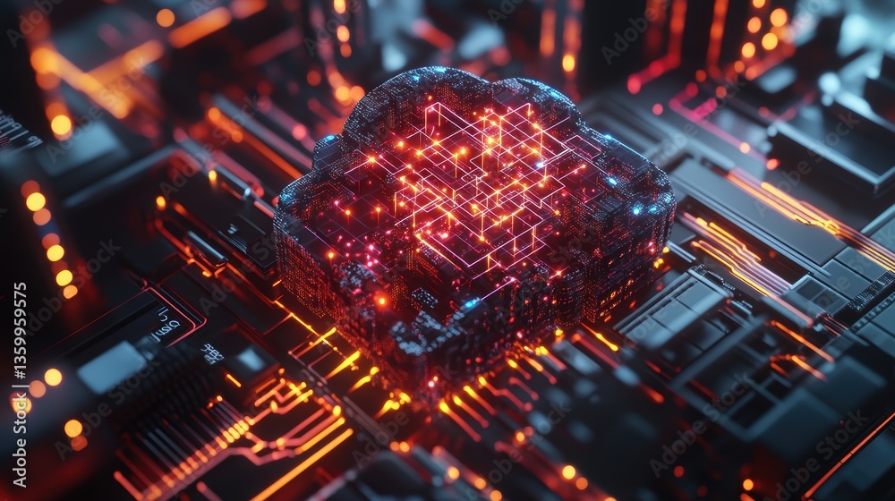 Poster stylized digital rende of a cloud-shaped data center glowing orange and red lights connected within 