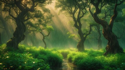 Fototapeta premium Background of intense rainfall in a lovely, lush woodland during summer. Rain in the forest with warm sunlight streaming through the trees. For your design, incorporate abstract natural backdrops.