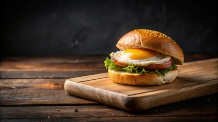 Delicious breakfast sandwich with fried egg, lettuce, and bun on rustic wooden board