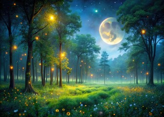 Firefly magic illuminates a forest clearing under a crescent moon; a breathtaking nature scene.